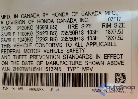 2017 Honda Cr-V Ex from USA, damaged, VIN 2HKRW1H54HH513245